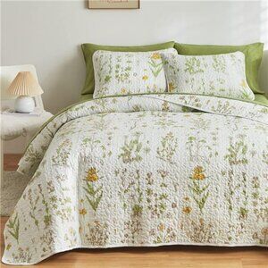 3 Pieces Reversible Quilt Set, Smooth Soft Microfiber Quilt Yellow Flowers Green